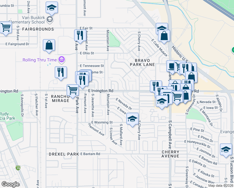 map of restaurants, bars, coffee shops, grocery stores, and more near 1354 East Irvington Road in Tucson