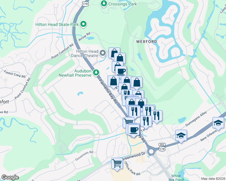 map of restaurants, bars, coffee shops, grocery stores, and more near 46-66 Bow Cir in Hilton Head Island