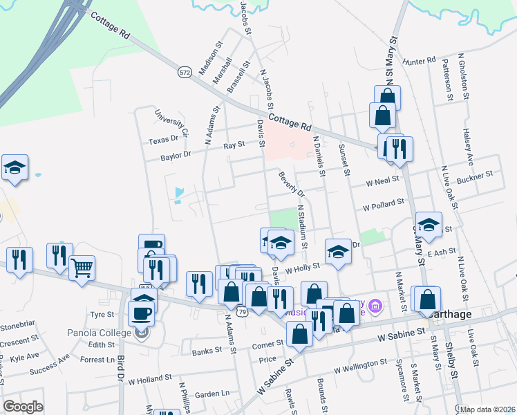 map of restaurants, bars, coffee shops, grocery stores, and more near 501 Davis Street in Carthage