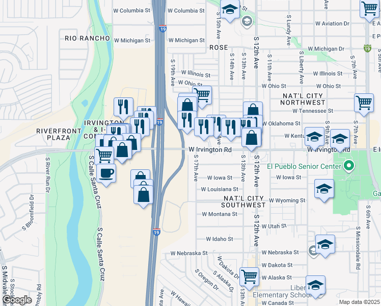 map of restaurants, bars, coffee shops, grocery stores, and more near 903 West Irvington Road in Tucson