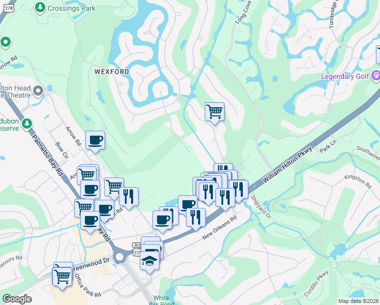 map of restaurants, bars, coffee shops, grocery stores, and more near 34 Oxford Drive in Hilton Head Island