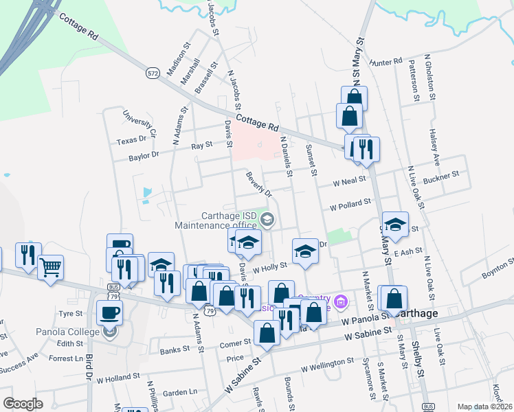 map of restaurants, bars, coffee shops, grocery stores, and more near 506 Van Sandt Street in Carthage