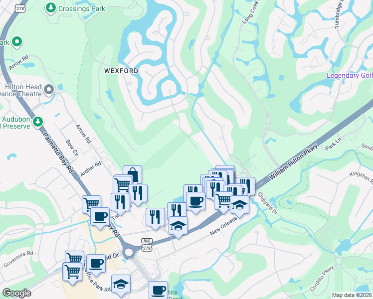 map of restaurants, bars, coffee shops, grocery stores, and more near 6-34 Oxford Drive in Hilton Head Island