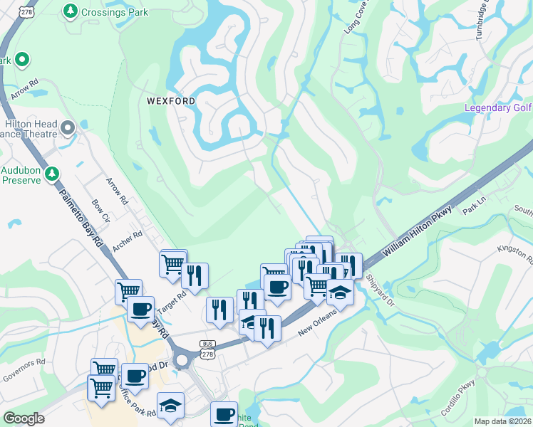 map of restaurants, bars, coffee shops, grocery stores, and more near 21 Oxford Drive in Hilton Head Island