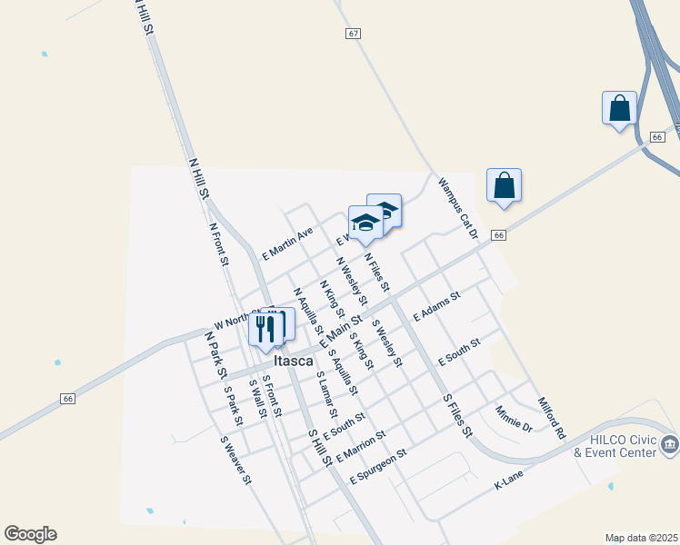 map of restaurants, bars, coffee shops, grocery stores, and more near 205 North Wesley Street in Itasca
