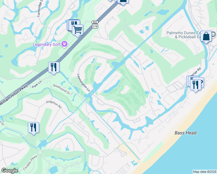 map of restaurants, bars, coffee shops, grocery stores, and more near 8 Arthur Hills Court in Hilton Head Island