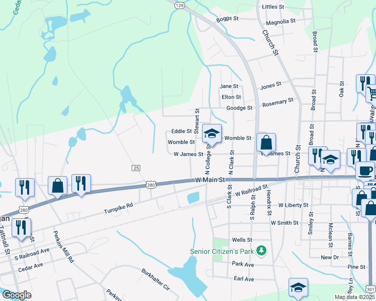 map of restaurants, bars, coffee shops, grocery stores, and more near 805 West James Street in Claxton
