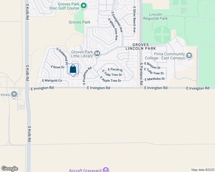 map of restaurants, bars, coffee shops, grocery stores, and more near 7635 East Irvington Road in Tucson