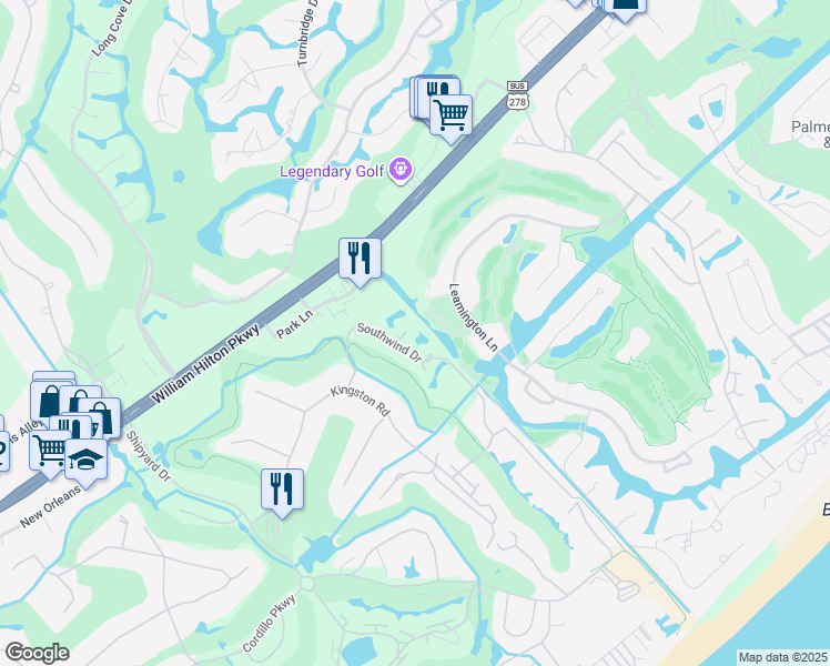 map of restaurants, bars, coffee shops, grocery stores, and more near 111 Southwind Drive in Hilton Head Island