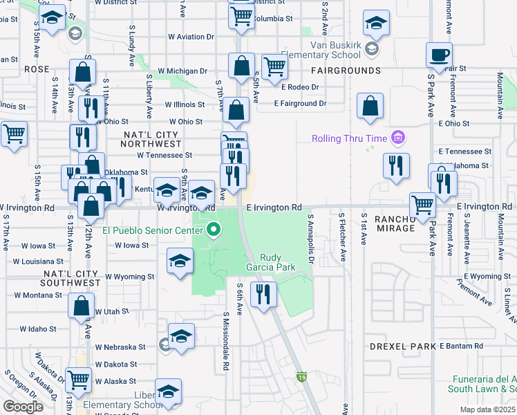 map of restaurants, bars, coffee shops, grocery stores, and more near 101 East Irvington Road in Tucson