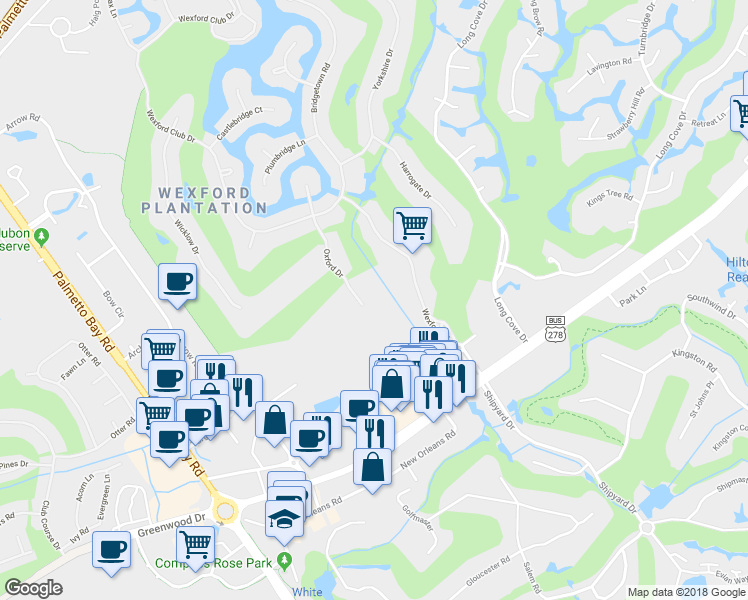 map of restaurants, bars, coffee shops, grocery stores, and more near 21 Oxford Drive in Hilton Head Island