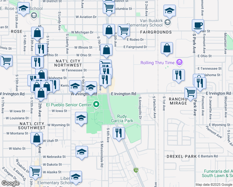 map of restaurants, bars, coffee shops, grocery stores, and more near 101 East Irvington Road in Tucson