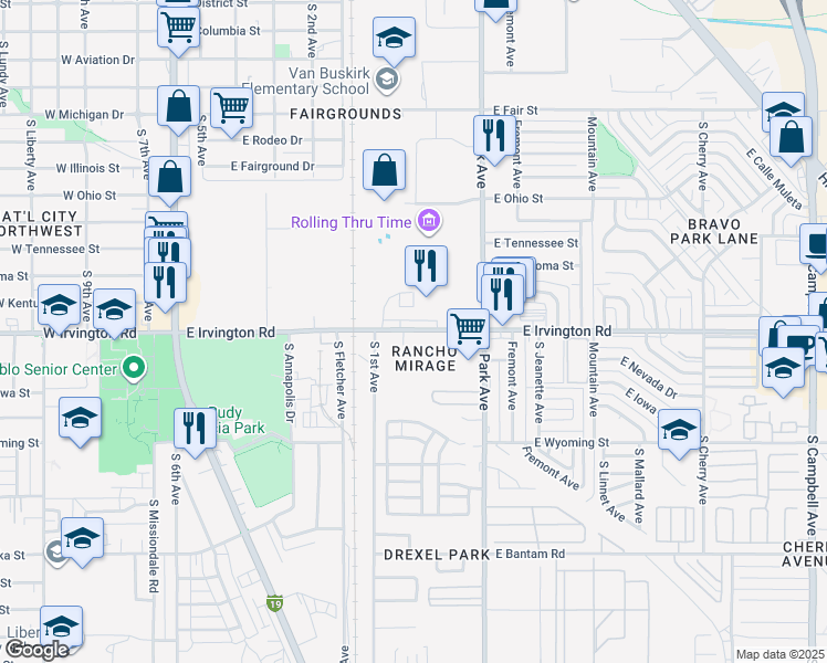 map of restaurants, bars, coffee shops, grocery stores, and more near 750 East Irvington Road in Tucson