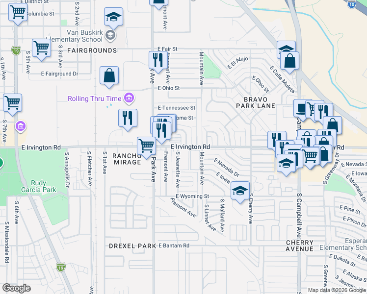 map of restaurants, bars, coffee shops, grocery stores, and more near 1120 East Irvington Road in Tucson
