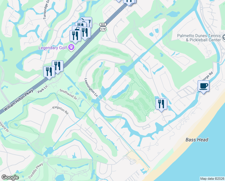 map of restaurants, bars, coffee shops, grocery stores, and more near 8 Arthur Hills Court in Hilton Head Island