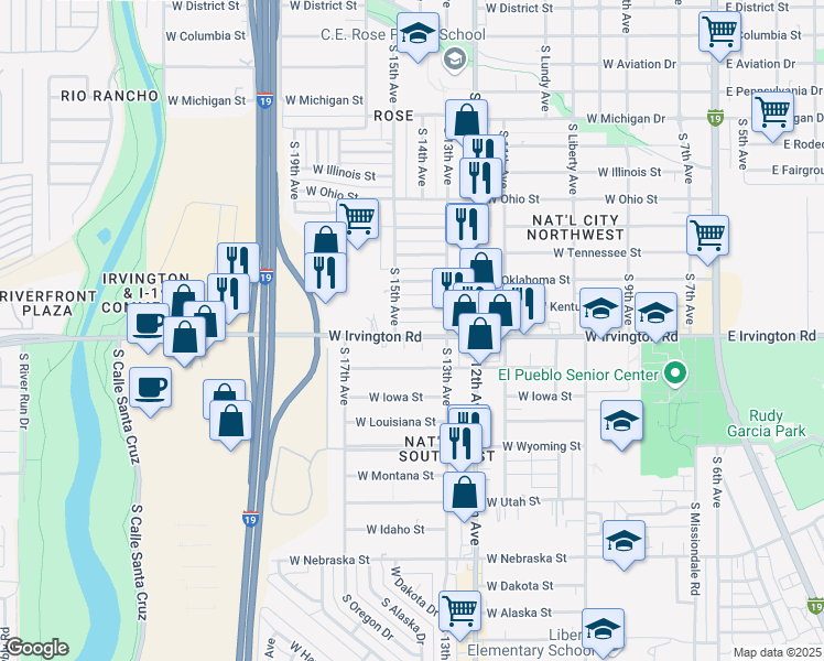 map of restaurants, bars, coffee shops, grocery stores, and more near 749 West Irvington Road in Tucson