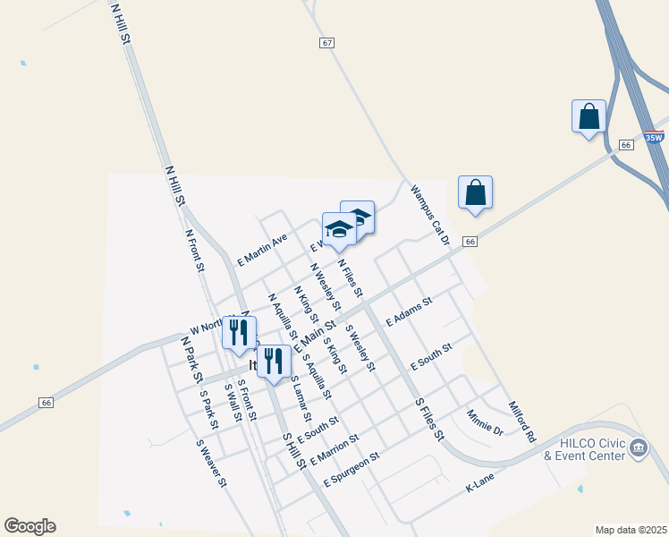 map of restaurants, bars, coffee shops, grocery stores, and more near 205 North Wesley Street in Itasca
