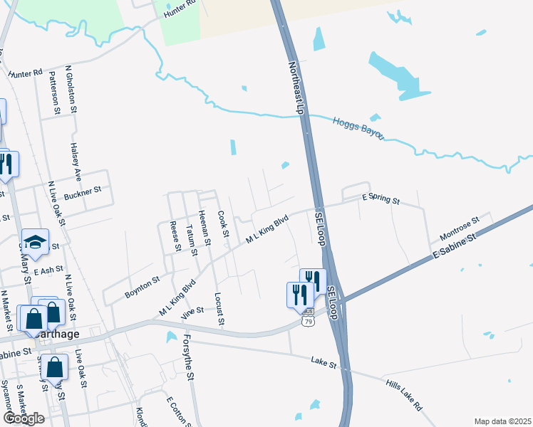 map of restaurants, bars, coffee shops, grocery stores, and more near 1129 Martin Luther King Boulevard in Carthage