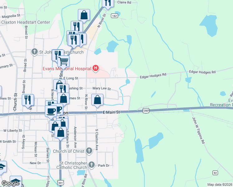 map of restaurants, bars, coffee shops, grocery stores, and more near 105 Bay Street in Claxton