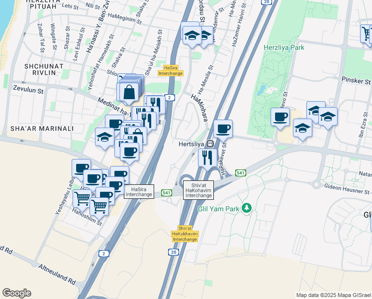 map of restaurants, bars, coffee shops, grocery stores, and more near 1 Arik Einstein Street in Herzliya