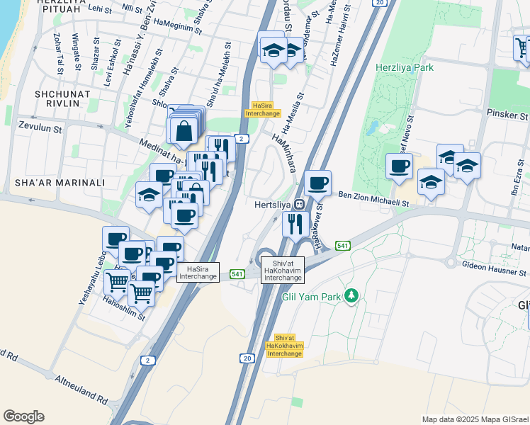 map of restaurants, bars, coffee shops, grocery stores, and more near 1 Arik Einstein Street in Herzliya