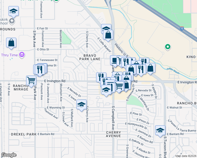 map of restaurants, bars, coffee shops, grocery stores, and more near 1722 East Camino Carreta in Tucson