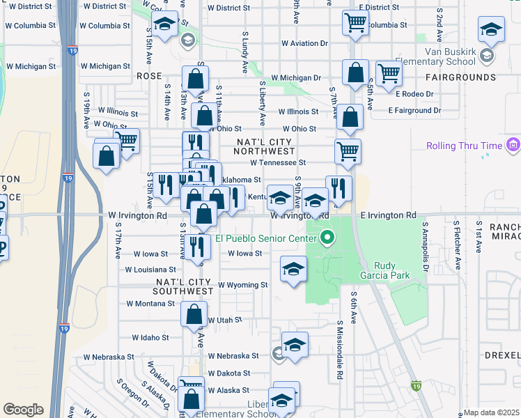 map of restaurants, bars, coffee shops, grocery stores, and more near 401 West Irvington Road in Tucson