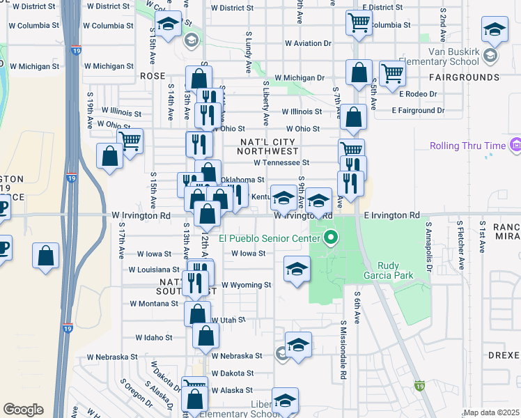 map of restaurants, bars, coffee shops, grocery stores, and more near 401 West Irvington Road in Tucson