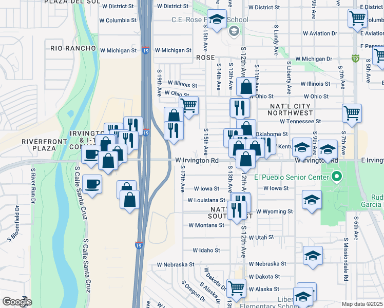 map of restaurants, bars, coffee shops, grocery stores, and more near 840 West Irvington Road in Tucson