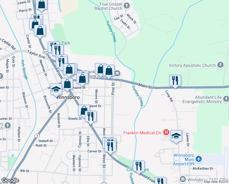 map of restaurants, bars, coffee shops, grocery stores, and more near 306 Prairie Street in Winnsboro