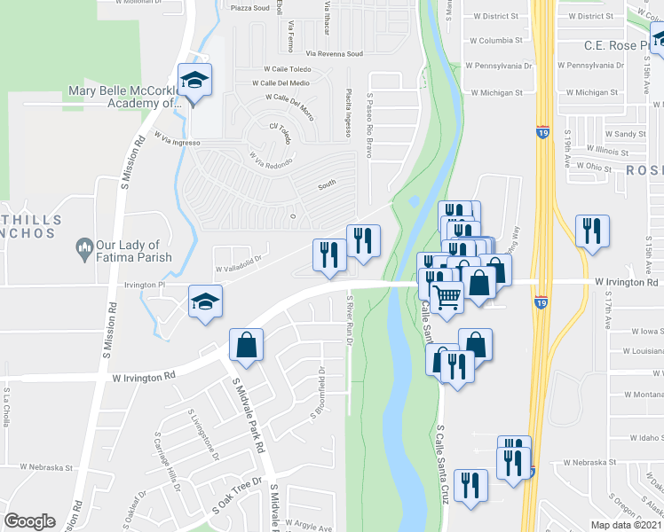 map of restaurants, bars, coffee shops, grocery stores, and more near 1440 West Irvington Road in Tucson