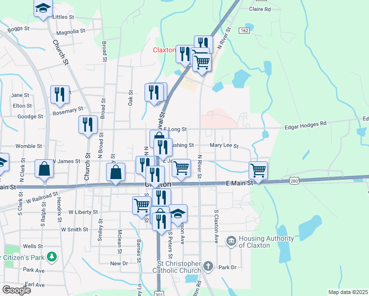 map of restaurants, bars, coffee shops, grocery stores, and more near 206 Olliff Street in Claxton