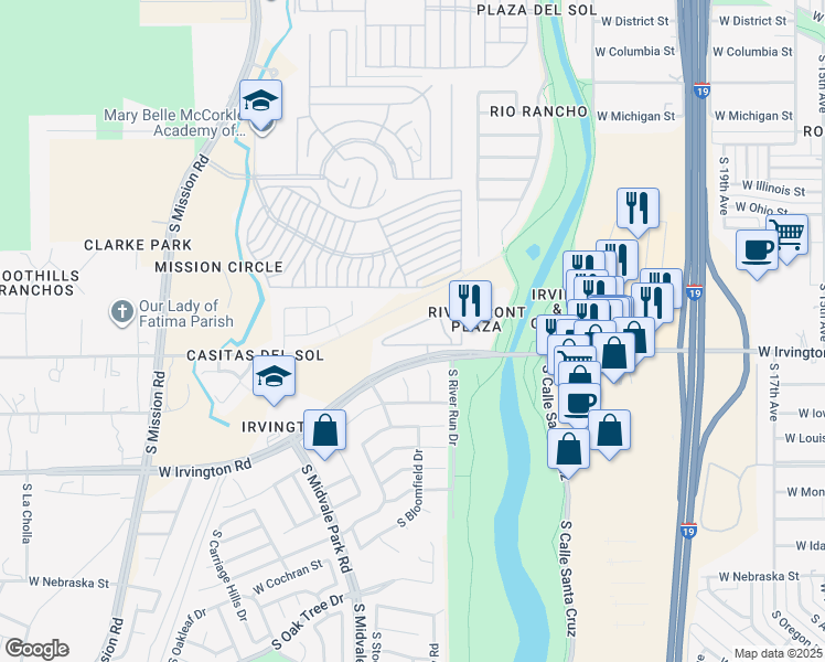 map of restaurants, bars, coffee shops, grocery stores, and more near 1440 West Irvington Road in Tucson