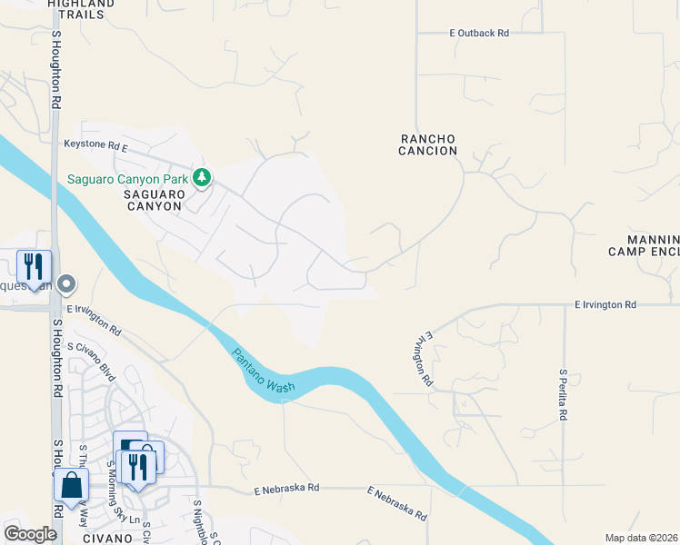 map of restaurants, bars, coffee shops, grocery stores, and more near 10889 East Vuelta Merecumbe in Tucson
