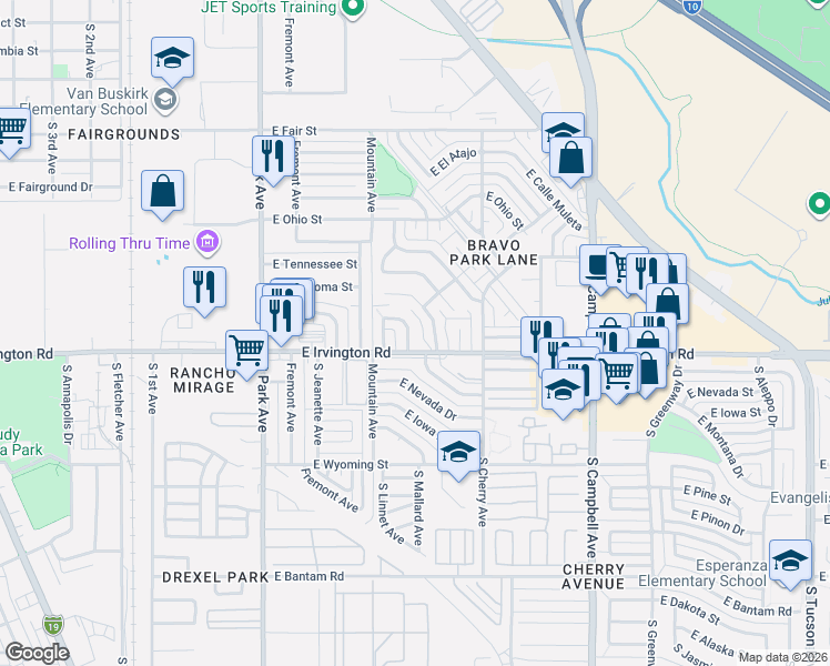 map of restaurants, bars, coffee shops, grocery stores, and more near 4827 South Calle Pilar in Tucson