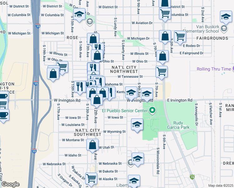 map of restaurants, bars, coffee shops, grocery stores, and more near 320 West Kentucky Street in Tucson