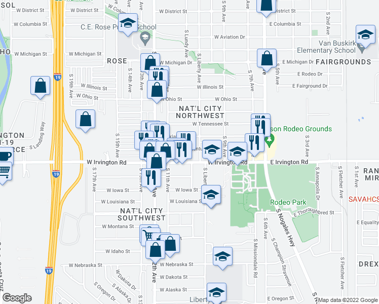 map of restaurants, bars, coffee shops, grocery stores, and more near 329 West Kentucky Street in Tucson