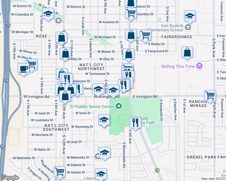 map of restaurants, bars, coffee shops, grocery stores, and more near 114 West Kentucky Street in Tucson