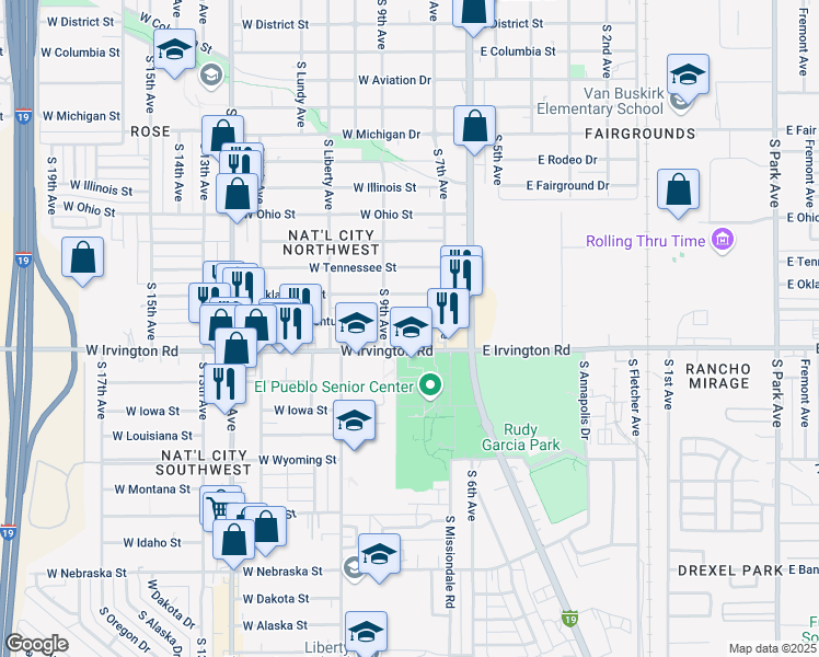 map of restaurants, bars, coffee shops, grocery stores, and more near 114 West Kentucky Street in Tucson