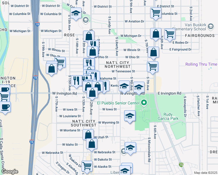 map of restaurants, bars, coffee shops, grocery stores, and more near 320 West Kentucky Street in Tucson