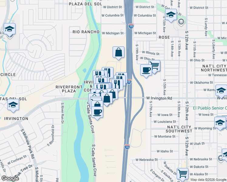 map of restaurants, bars, coffee shops, grocery stores, and more near 1092 West Irvington Road in Tucson