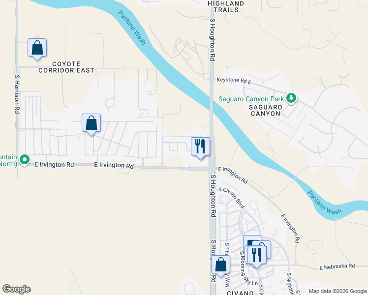 map of restaurants, bars, coffee shops, grocery stores, and more near 10185 East Honey Mesquite Drive in Tucson