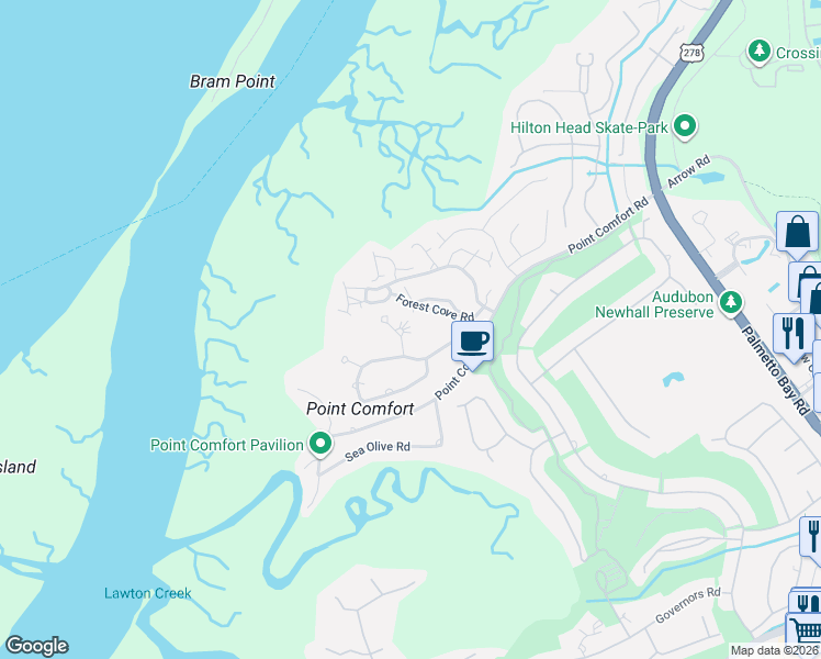 map of restaurants, bars, coffee shops, grocery stores, and more near 30 Forest Cove Road in Hilton Head Island