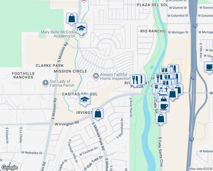 map of restaurants, bars, coffee shops, grocery stores, and more near 1581 West Valladolid Drive in Tucson