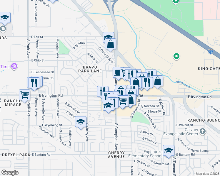 map of restaurants, bars, coffee shops, grocery stores, and more near 1881 East Irvington Road in Tucson