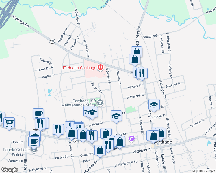 map of restaurants, bars, coffee shops, grocery stores, and more near 400 West Perry Place in Carthage