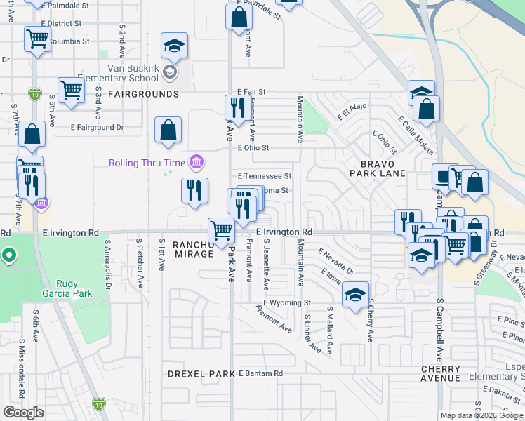 map of restaurants, bars, coffee shops, grocery stores, and more near 1116 East Kentucky Street in Tucson