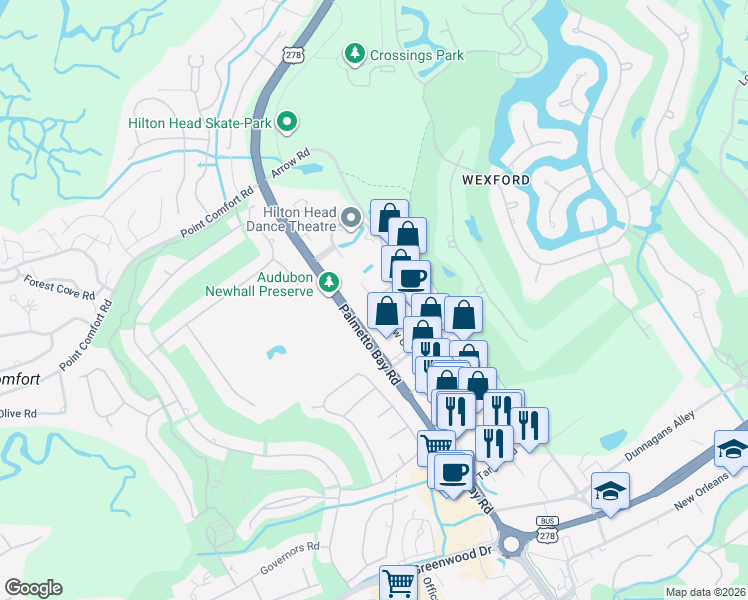 map of restaurants, bars, coffee shops, grocery stores, and more near 46 Bow Circle in Hilton Head Island