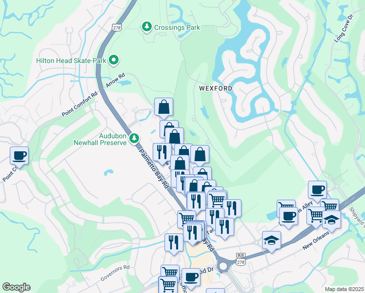 map of restaurants, bars, coffee shops, grocery stores, and more near 79 Arrow Rd in Hilton Head Island