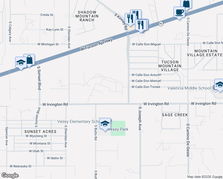 map of restaurants, bars, coffee shops, grocery stores, and more near West Irvington Road in Tucson